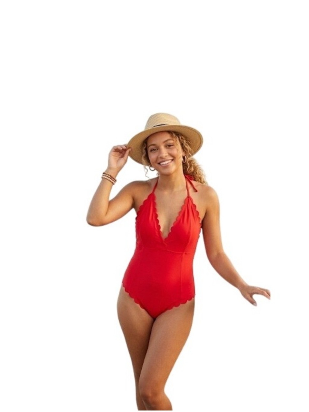 H&M Red Scallop Halter One-Piece Swim